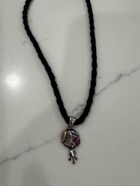Sterling Silver Pomegranate Pendant Necklace with Pink Accents on Black Cord